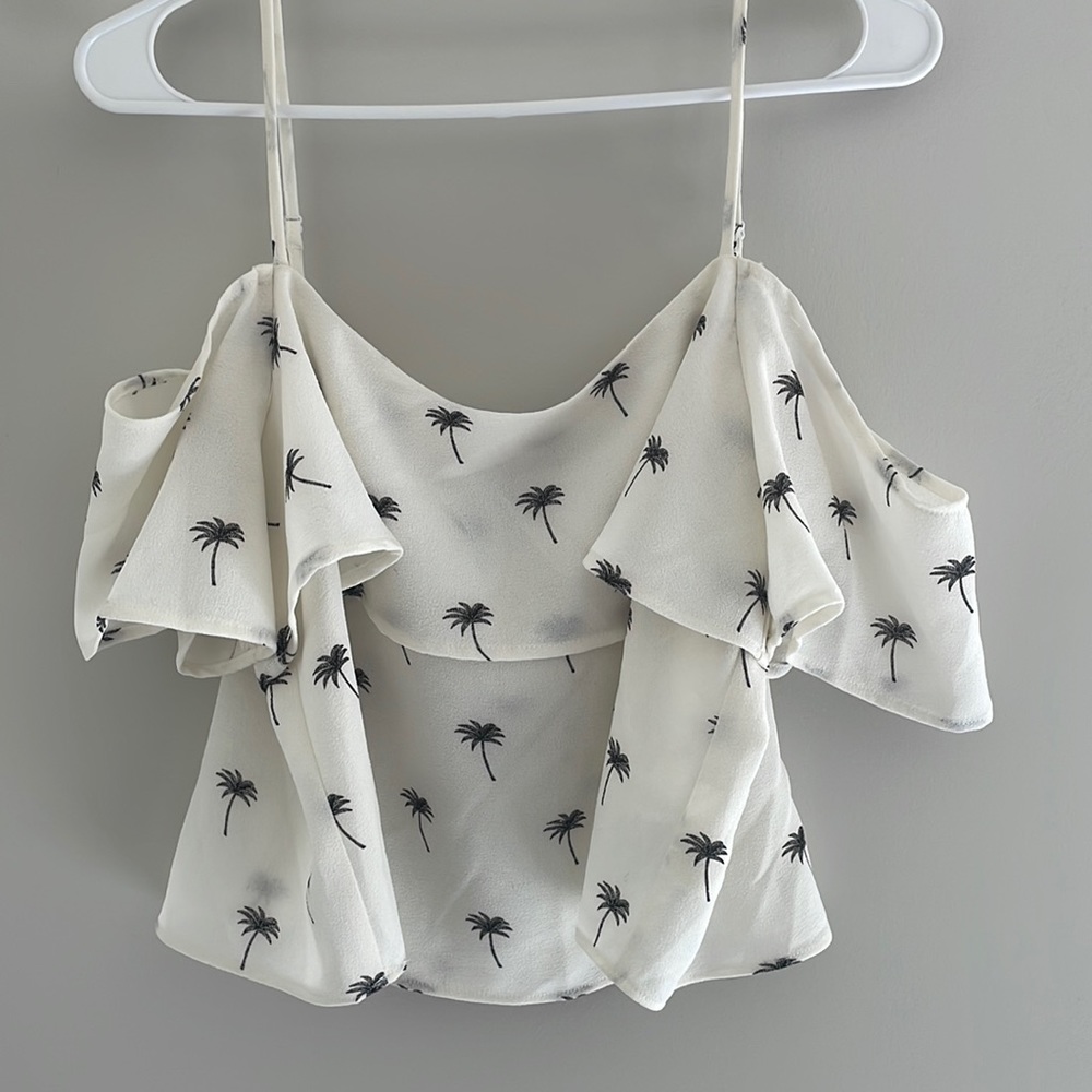 Divided H&M Cream Crop Drop Shoulders Dressy Tank with Black Palm Trees- Size 12